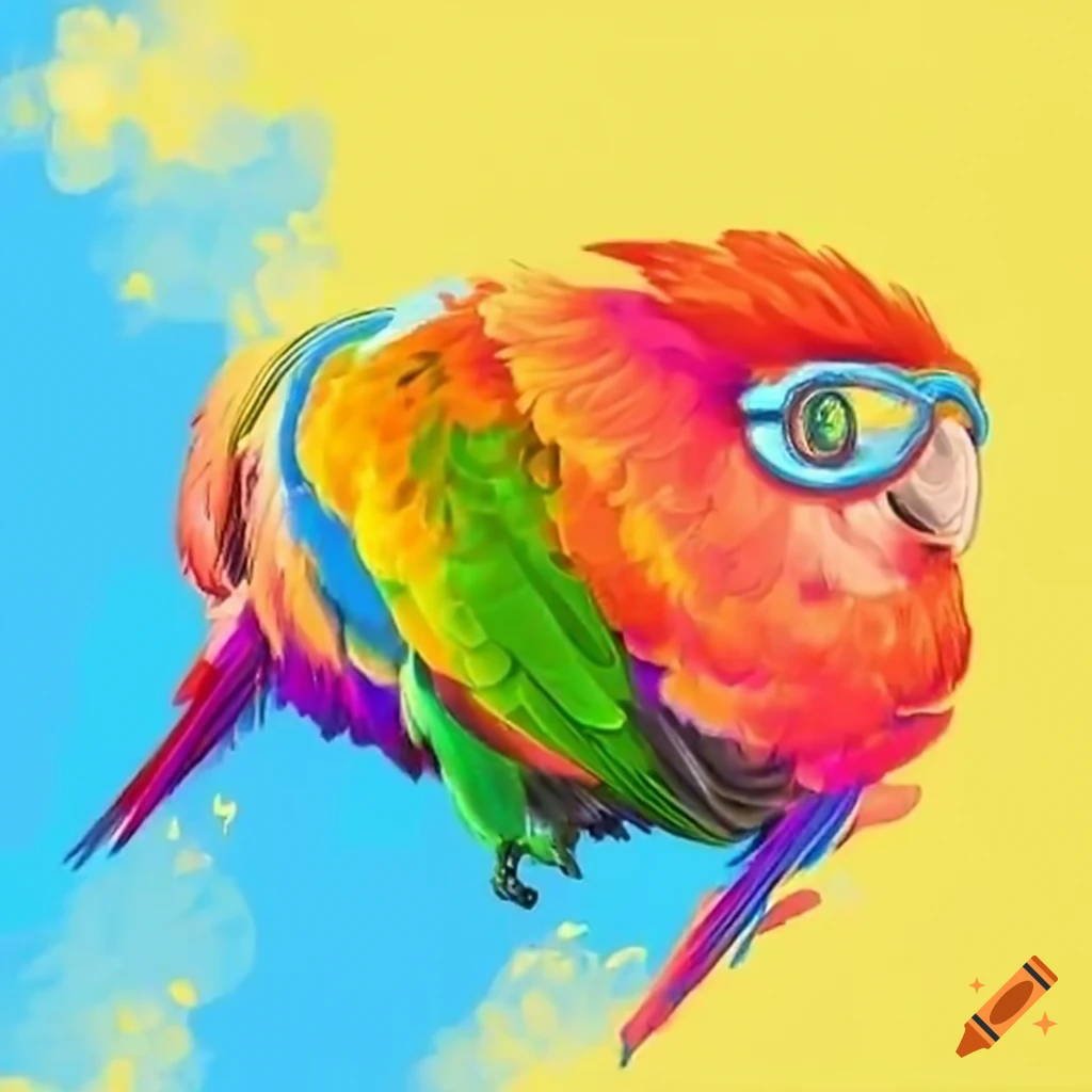 Colorful parrot playing the piano with diving goggles