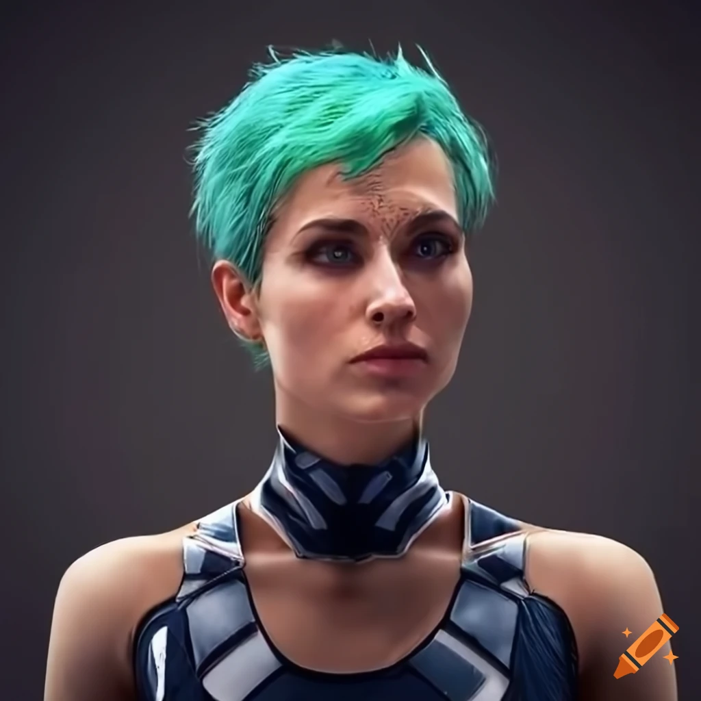 portrait of a futuristic woman with short green hair