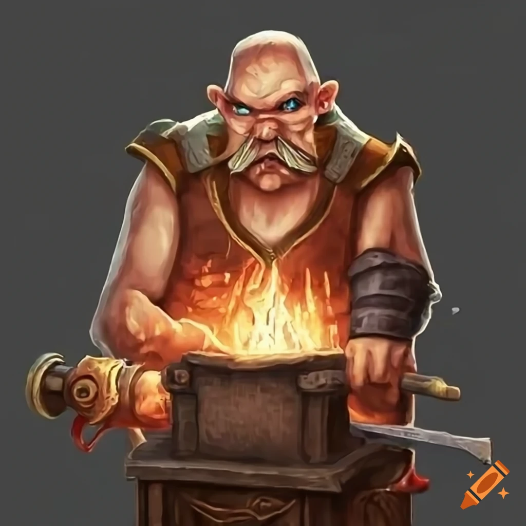 hyperealistic artwork of a Dwarven blacksmith forging a sword