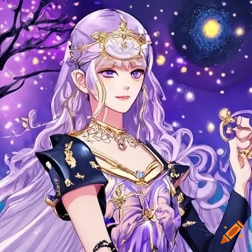 artwork of a queen holding a golden key under a starry night