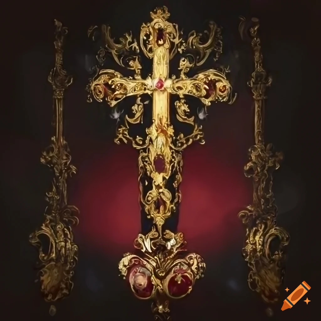 Baroque painting of a golden cross with jewels on dark background on ...