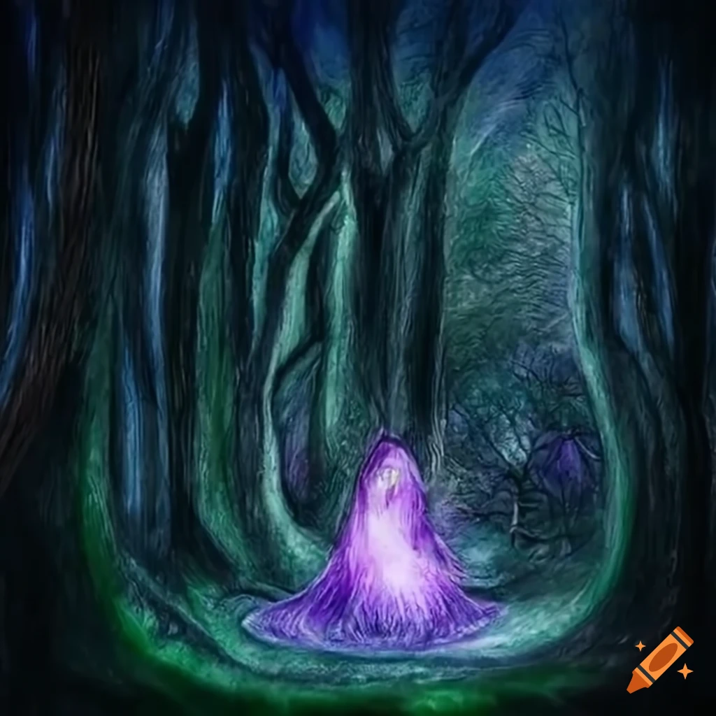 witch surrounded by glowing magic in the moonlit woods