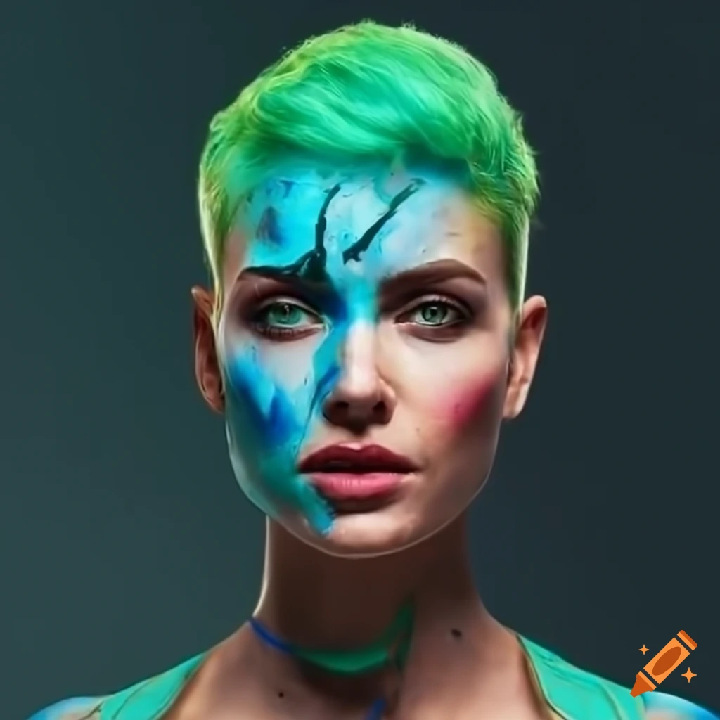 Digital Illustration Of A Futuristic Woman With Green Hair And Green