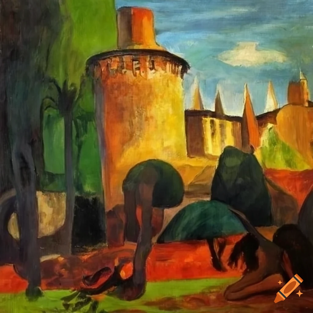 Oil painting of an italian castle in gauguin style