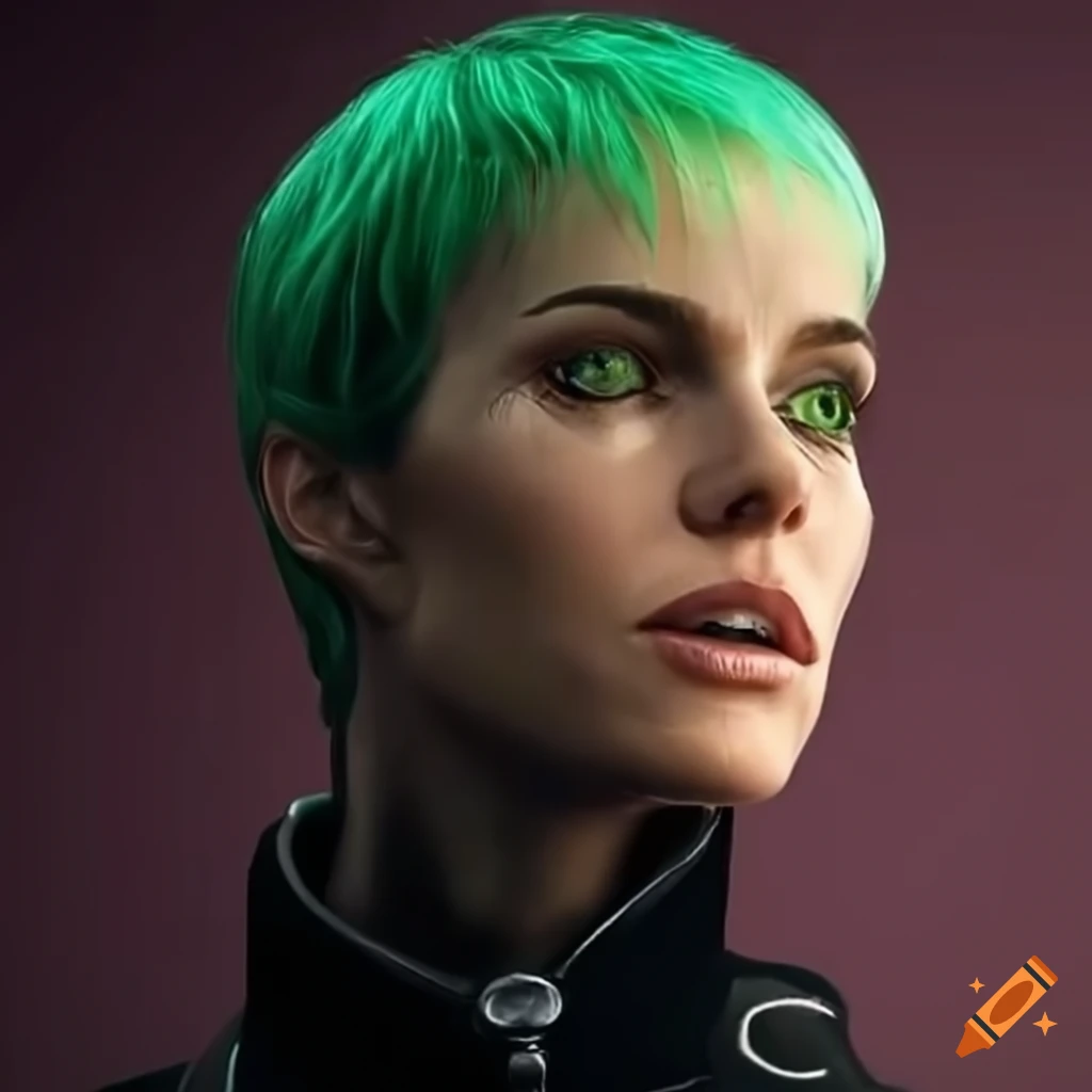 portrait of a futuristic woman with green hair and green eyes
