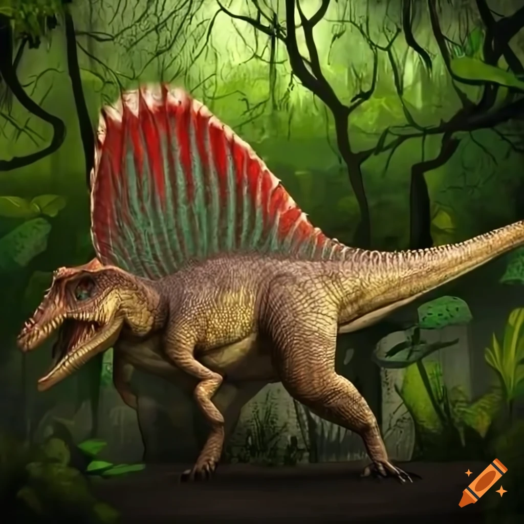 Profile view of a distant spinosaurus in the jungle on Craiyon