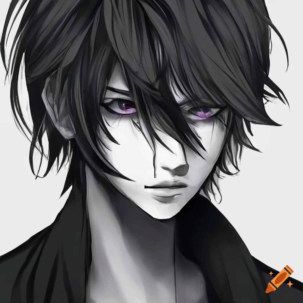 anime-style illustration of a handsome man with purple eyes and black hair