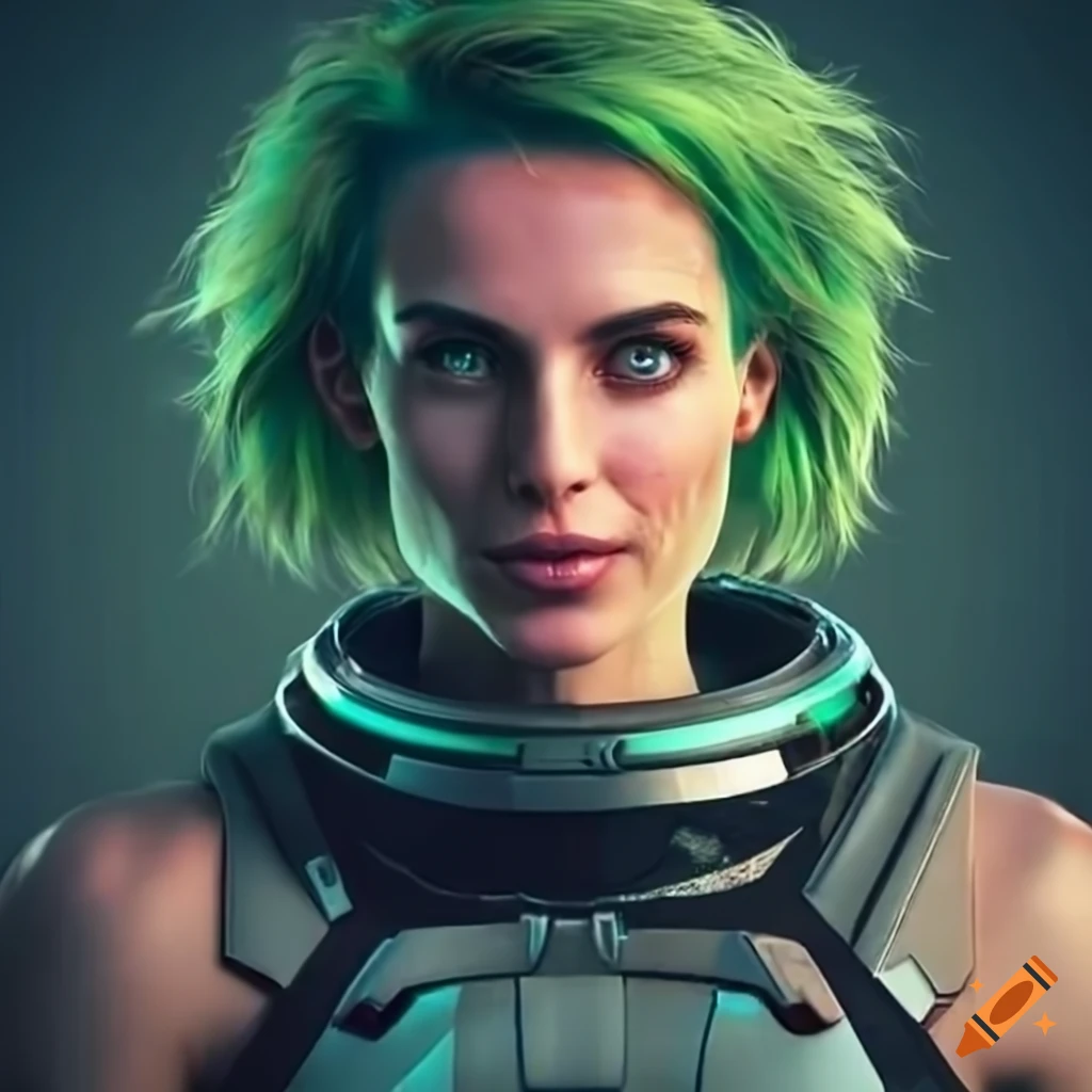 portrait of a futuristic woman with green hair and green eyes
