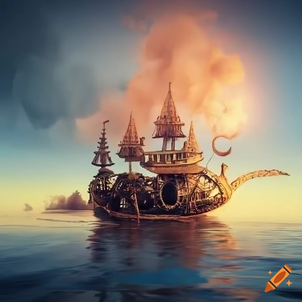 surreal steampunk scene with giant boat on beach