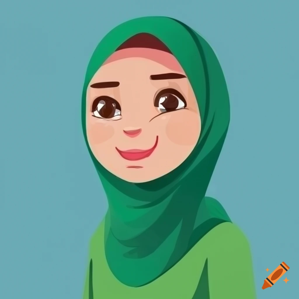 illustration of a Muslim woman in green hijab welcoming a client with a smile