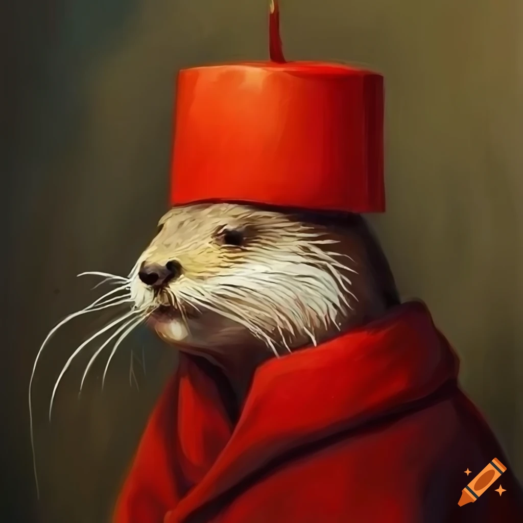 oil painting of a wise otter wearing a red robe and fez