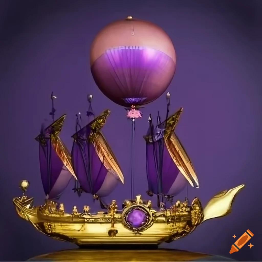 image of a steampunk airship with violet sharp wings and a golden metallic gondola