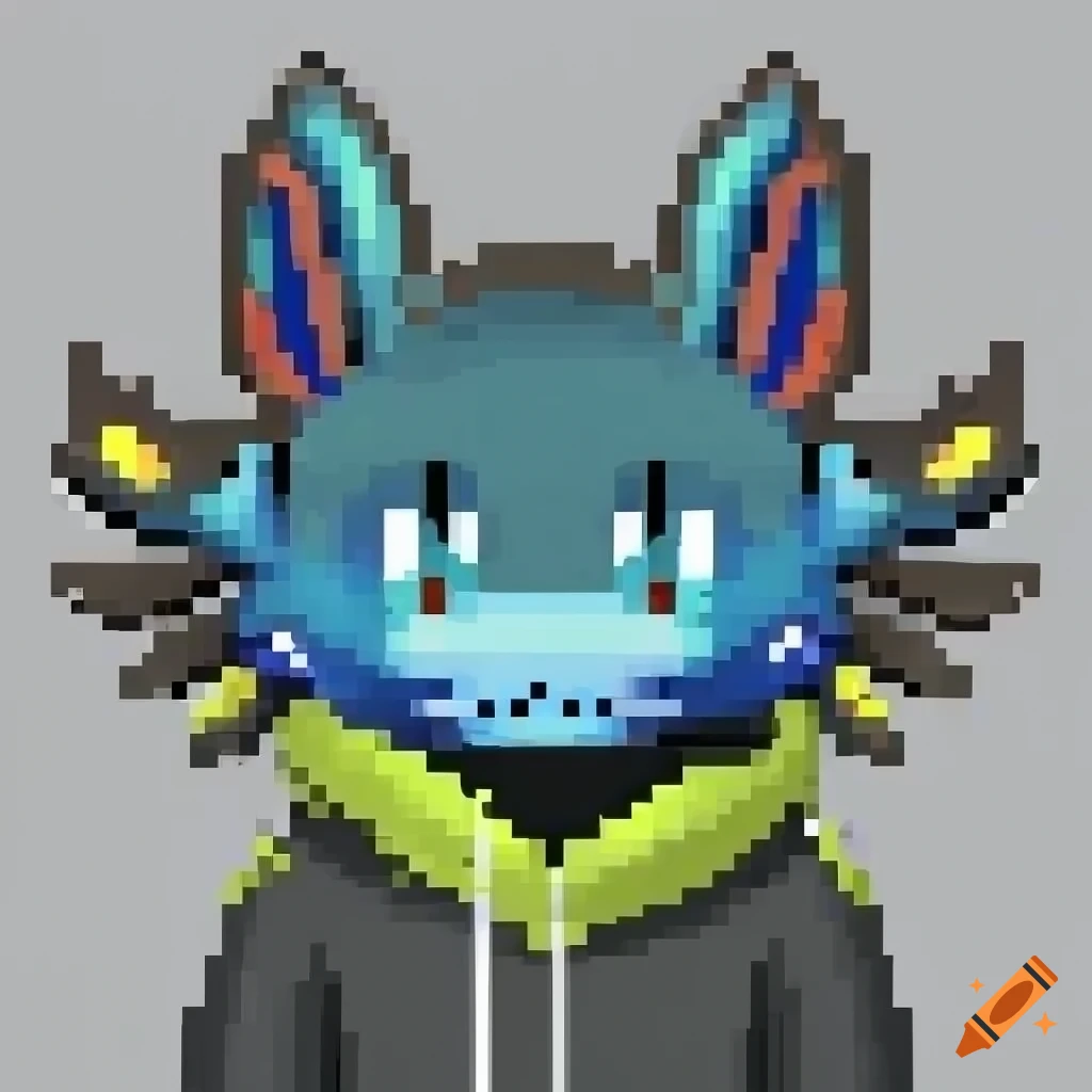pixelated anime axolotl furry with a cute smile wearing a hoodie
