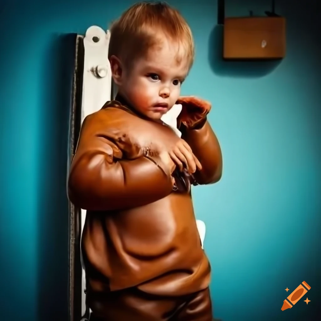 toddler boy in vintage leather shorts near a toilet