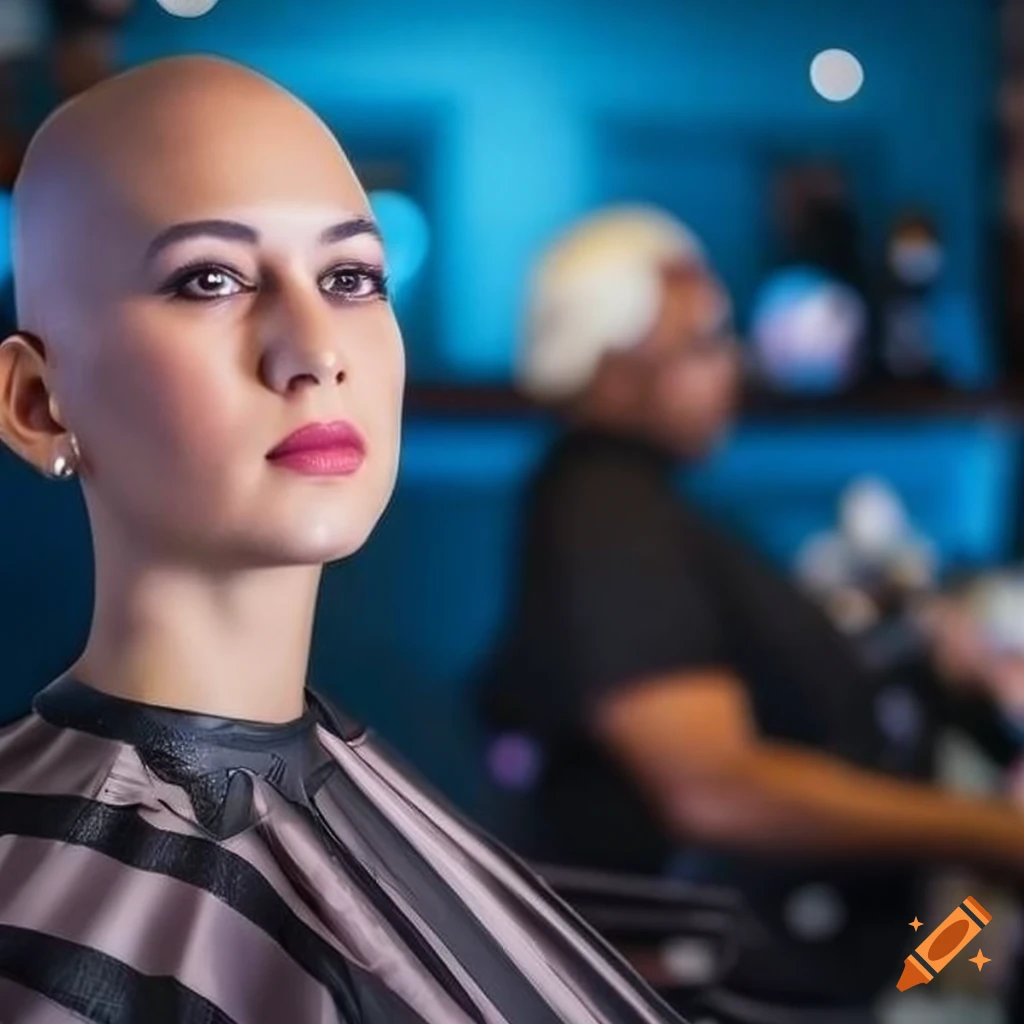 anime art of a woman with a shaved head in a barbershop