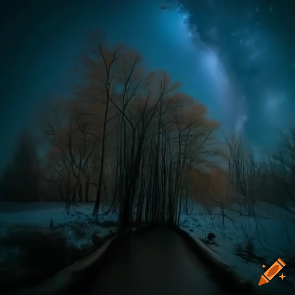 nighttime sunset over a dark and mysterious forest