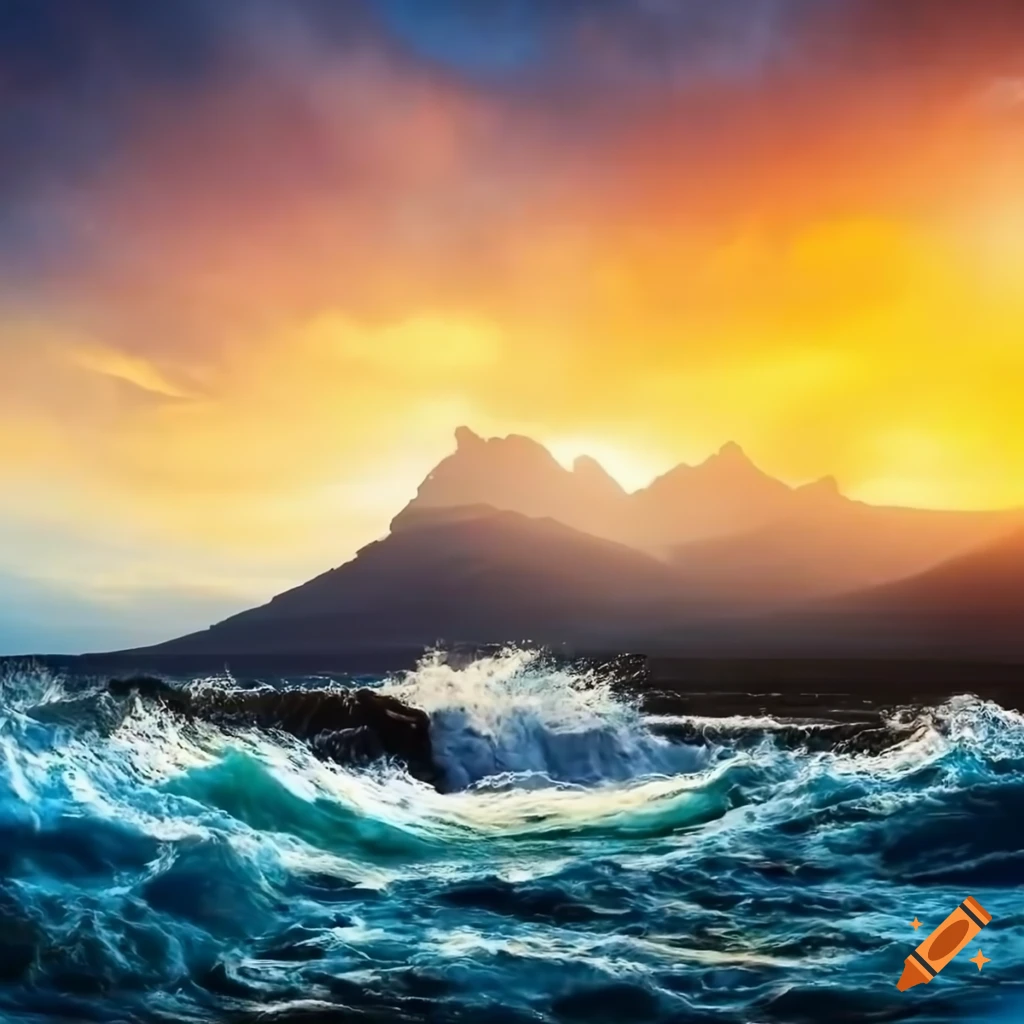 artwork of a crashing wave with mountains in the background