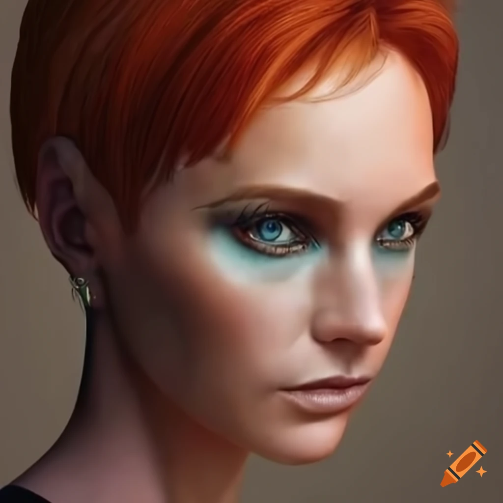 character design of a strong woman with red hair and futuristic clothing