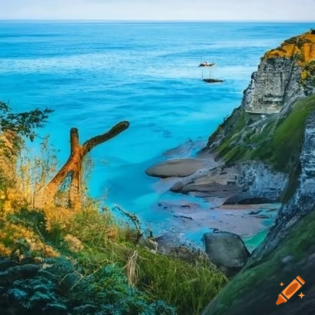 charming coastal village with thatched roofs and stunning cliffs