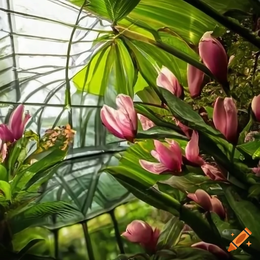 tropical plants in a conservatory with lattice glass