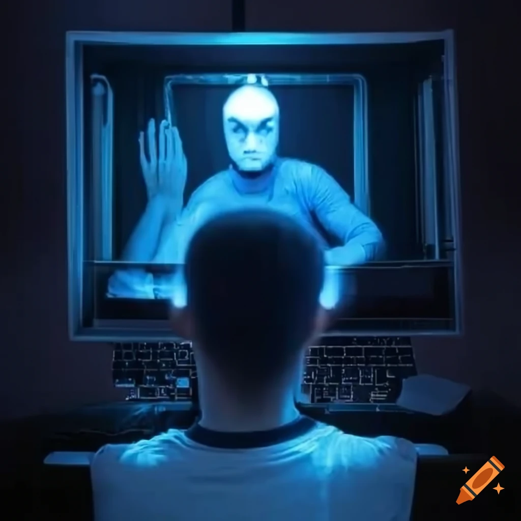 Man working on computer with illuminated body frame