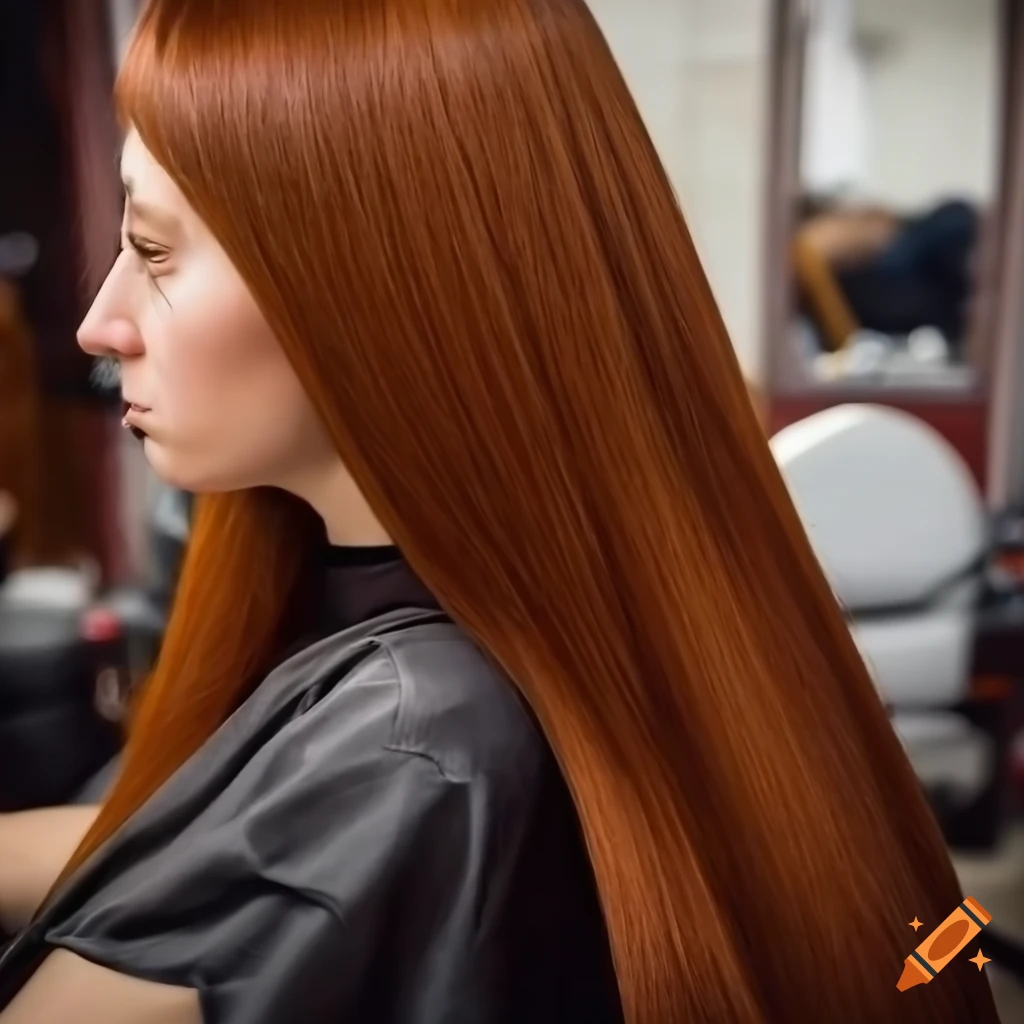 girl with long auburn hair sitting in barber shop
