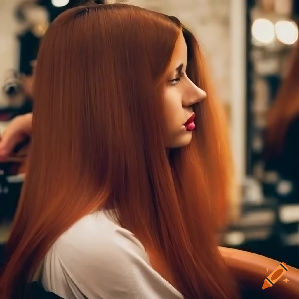 girl with long auburn hair sitting in barber shop