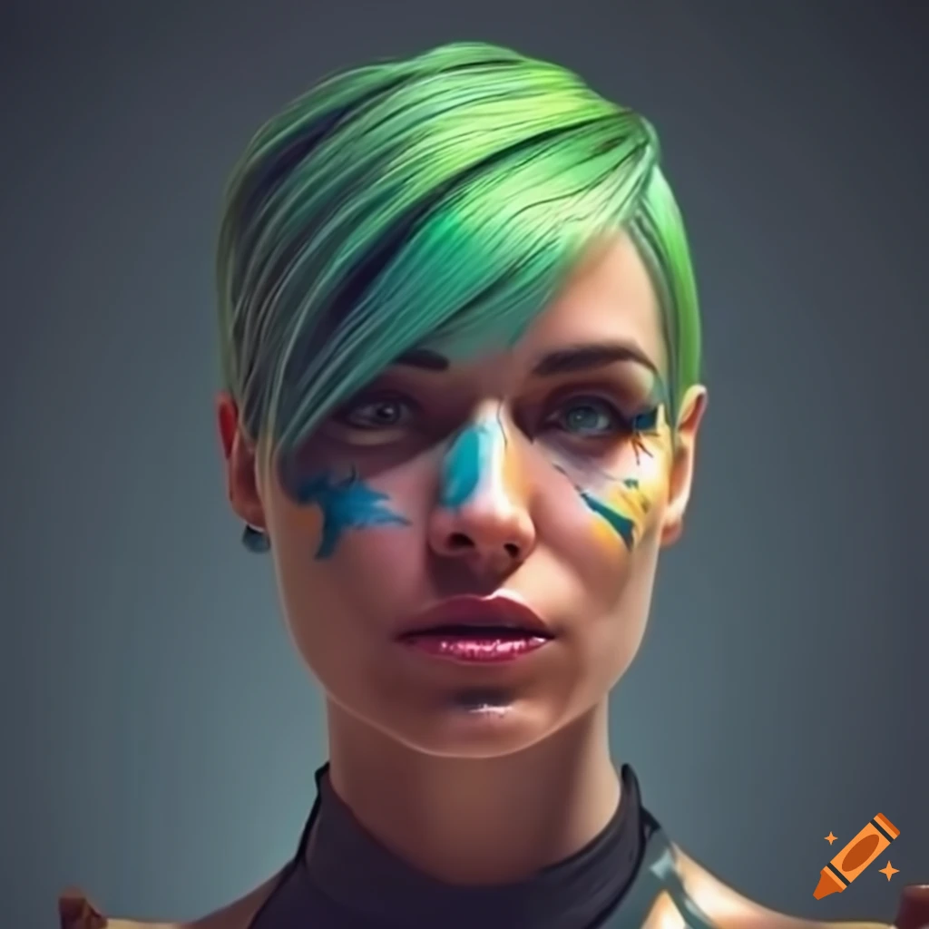 Portrait Of A Futuristic Woman With Short Green Hair On Craiyon