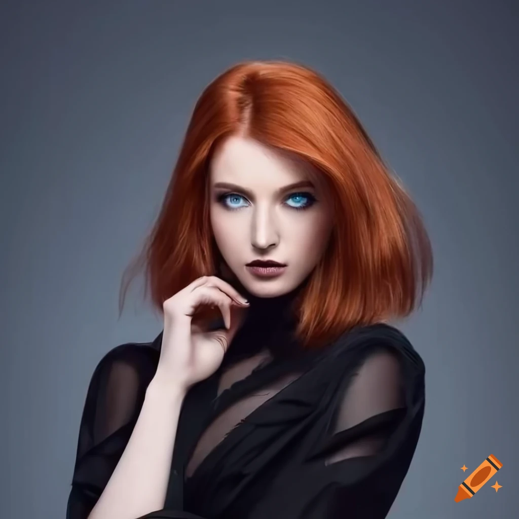 Elegant woman with red hair and blue eyes in a black gown on Craiyon