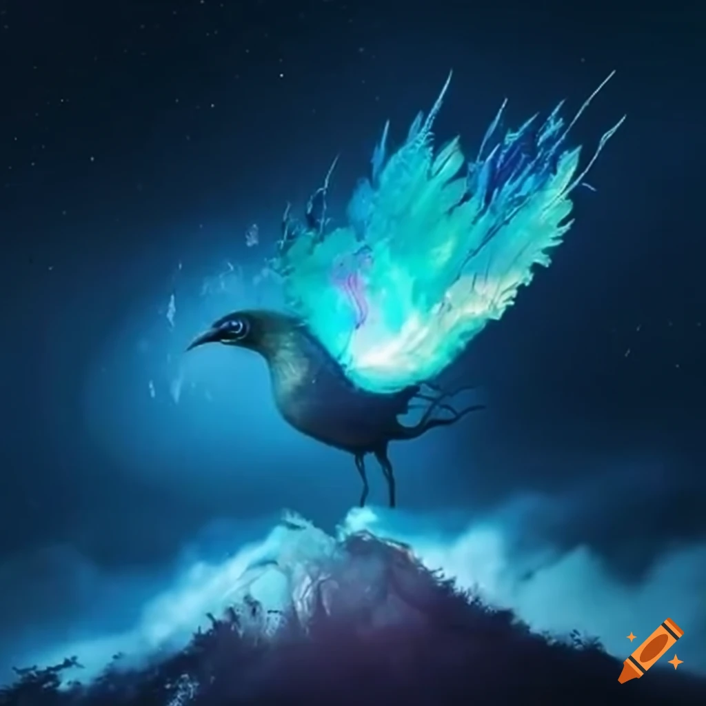 Giant bird with starry feathers soaring above a forest
