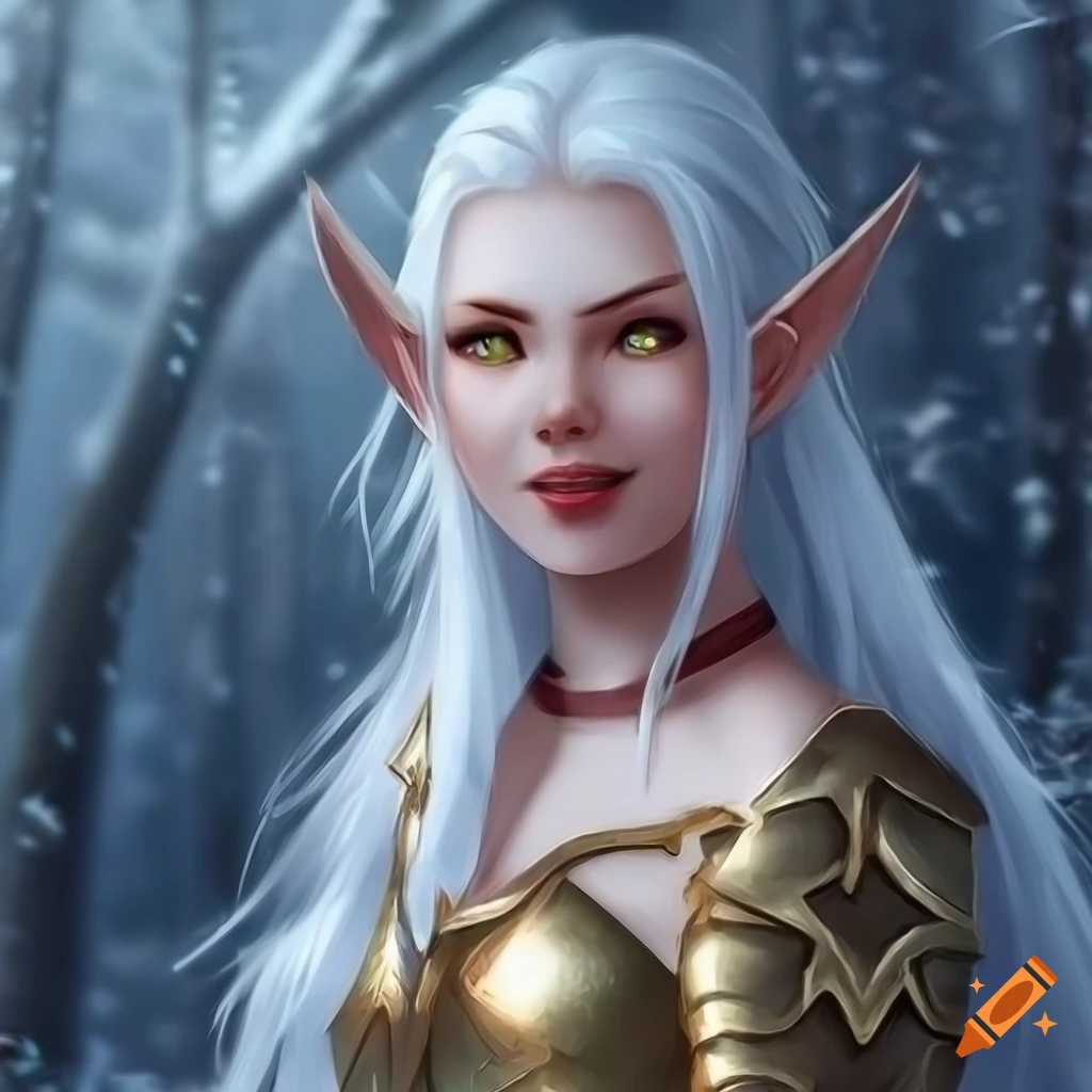 Portrait of a stunning elf woman with white hair and yellow eyes on Craiyon