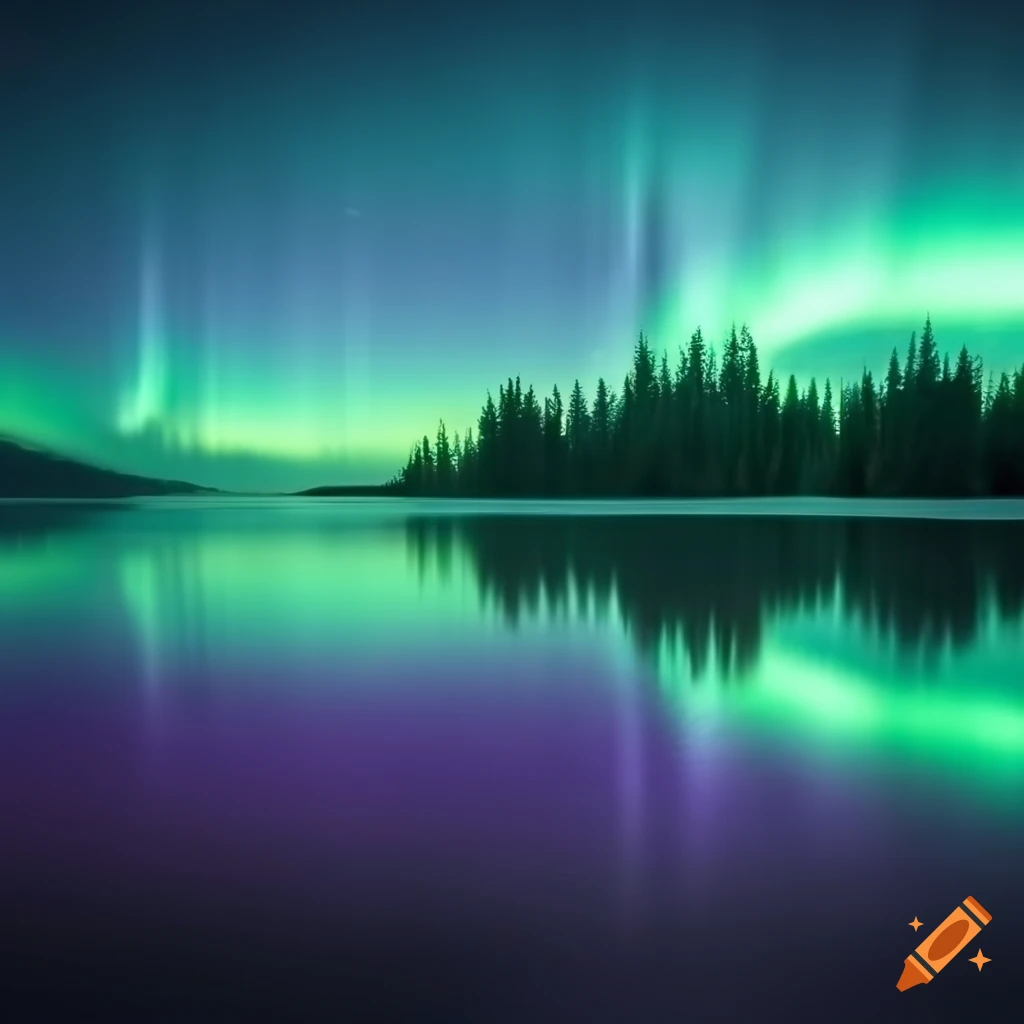 fantasy lake with aurora lights