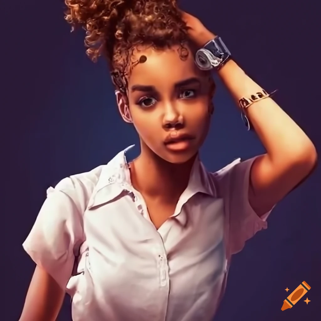 girl with brown skin and curly hair wearing unique outfit and watch