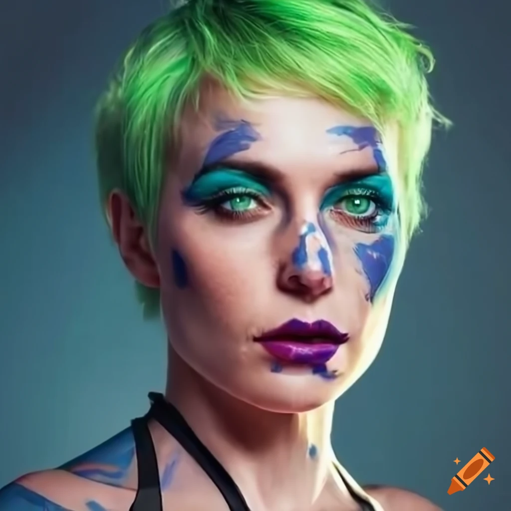 Digital illustration of a futuristic woman with green hair and green