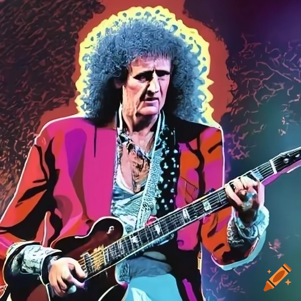 pop art of Brian May performing live on stage