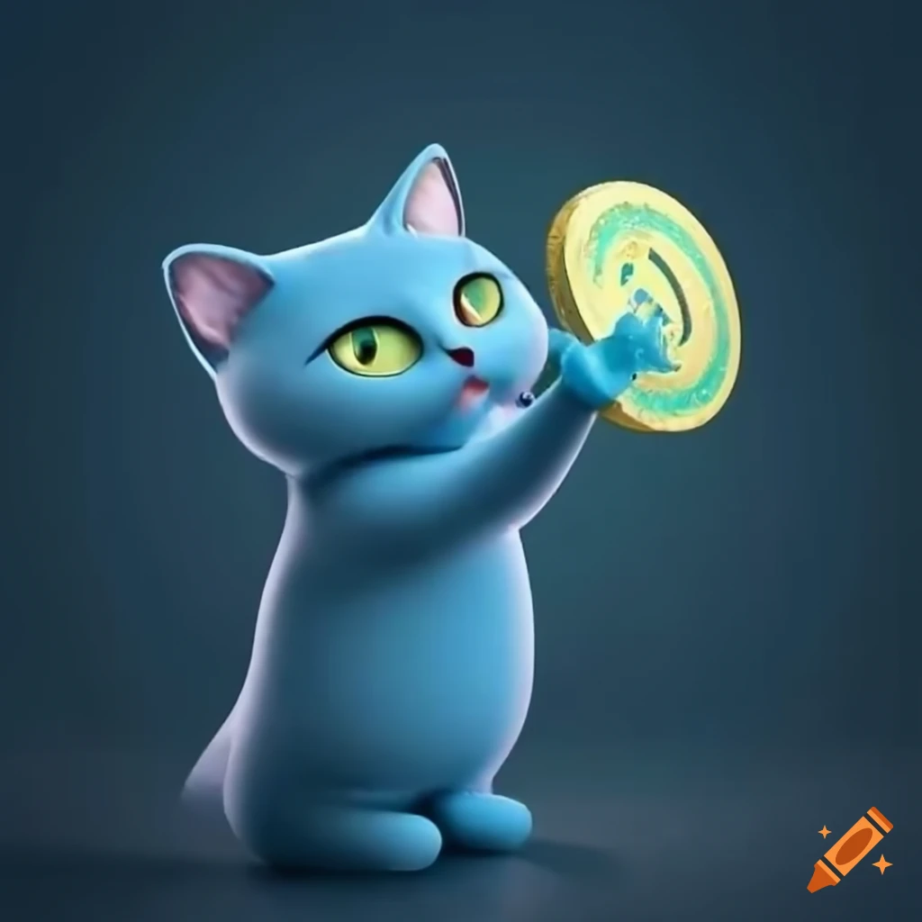Blue cat holding a shiny coin on Craiyon
