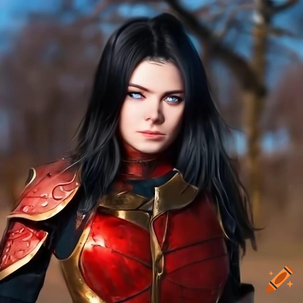 Portrait of a woman in red and gold armor