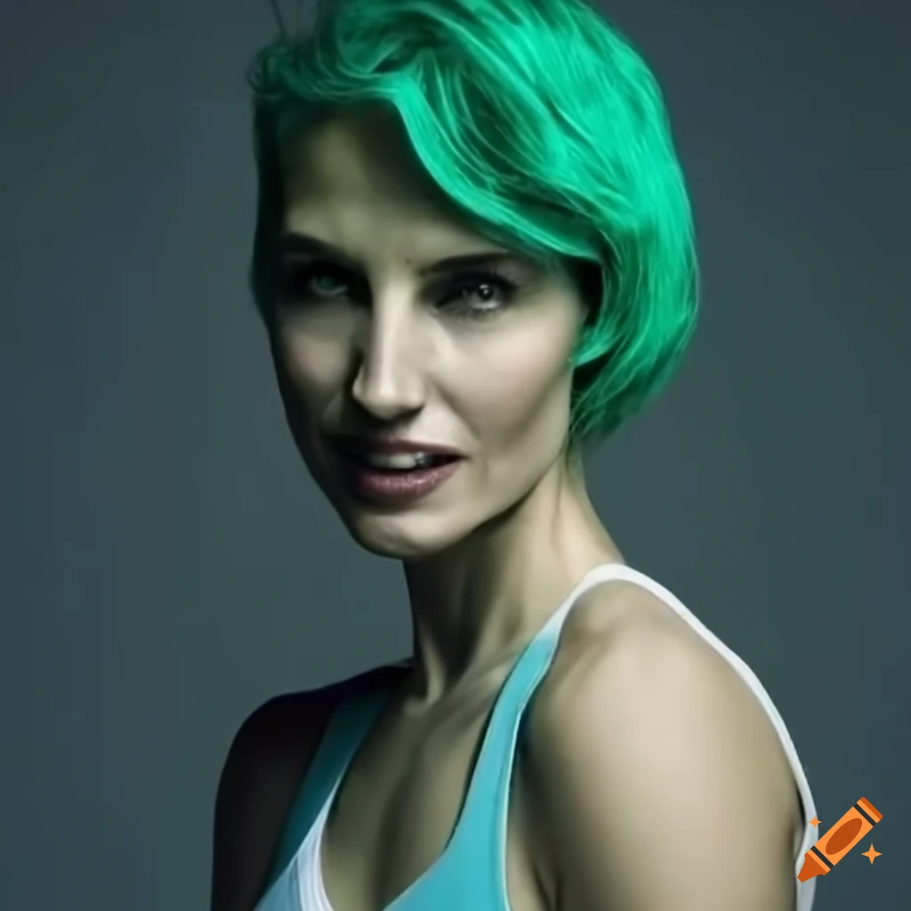 character design of a strong woman with short green hair