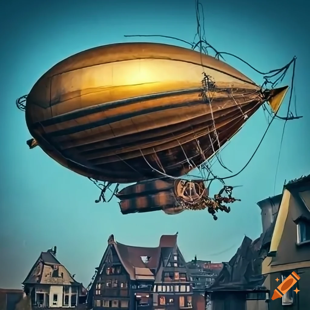 steampunk airship over a village