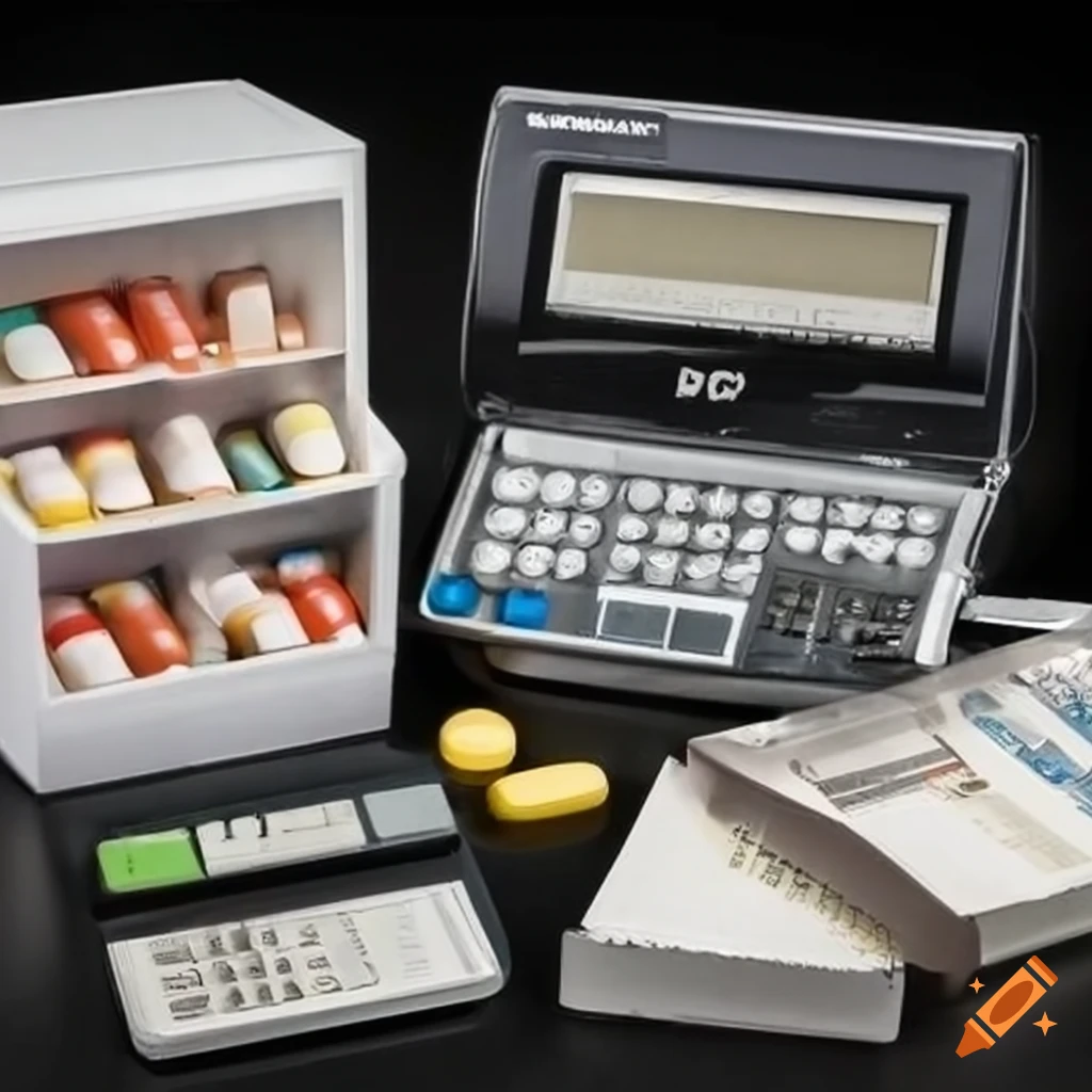pharmacy cash register with calculator and medication boxes