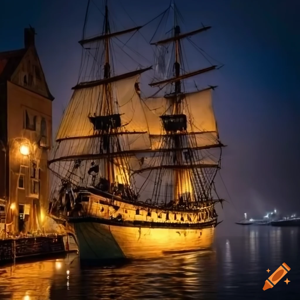 Night scene of a british tall ship in a harbor on Craiyon