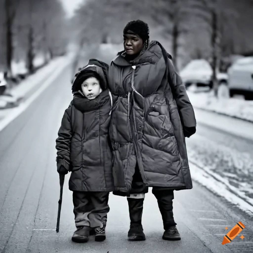 image of a poor mother and son standing on the roadside