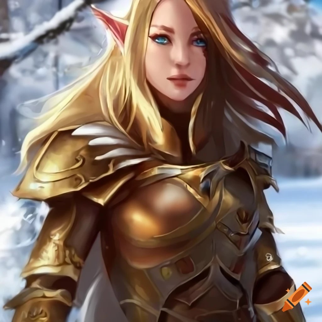 Elegant female elf ranger in red and gold armor on Craiyon