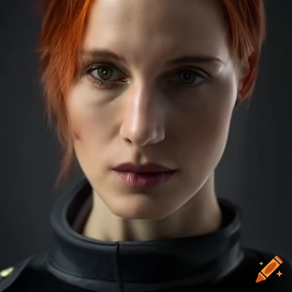character design of a futuristic woman with short red hair