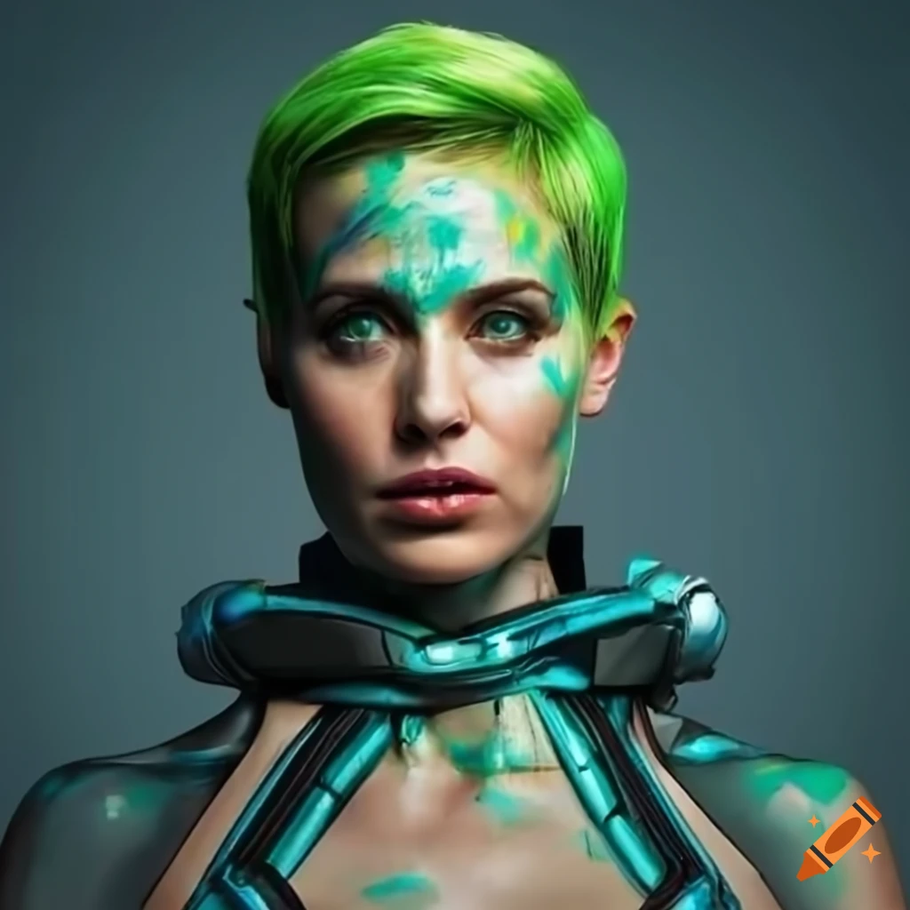 futuristic woman with green hair and futuristic clothing