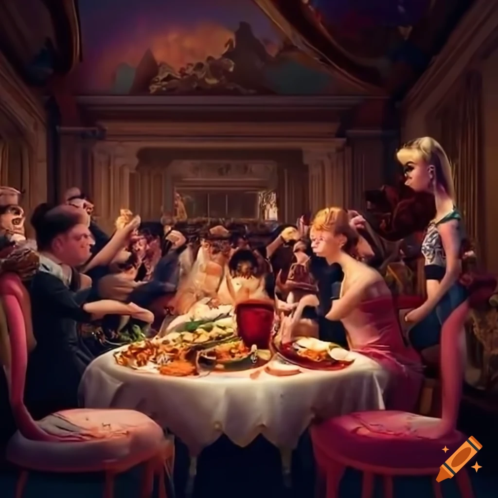 illustration of a girl tripping on a buffet table in a ballroom