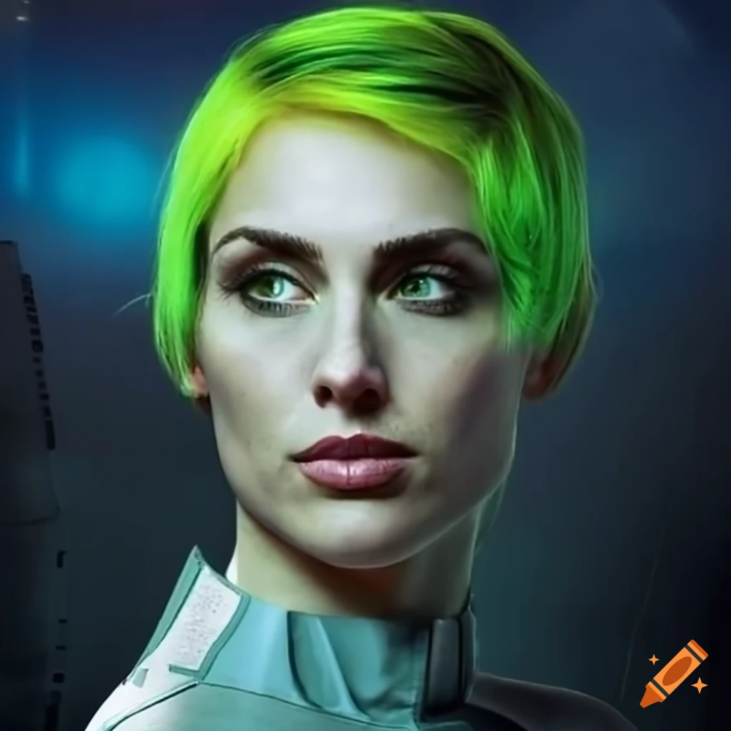 digital artwork of a futuristic woman with green hair and eyes