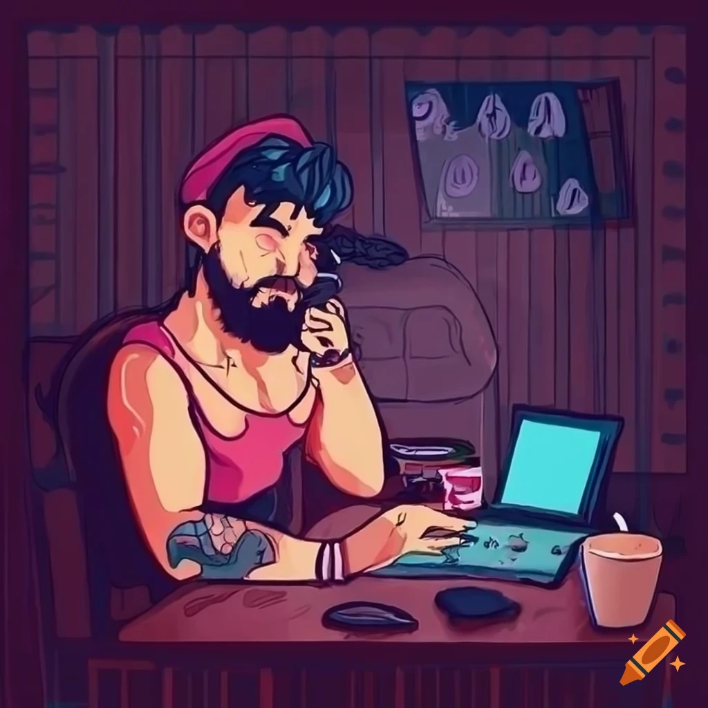 Tattoo artist drawing at desk in lofi style