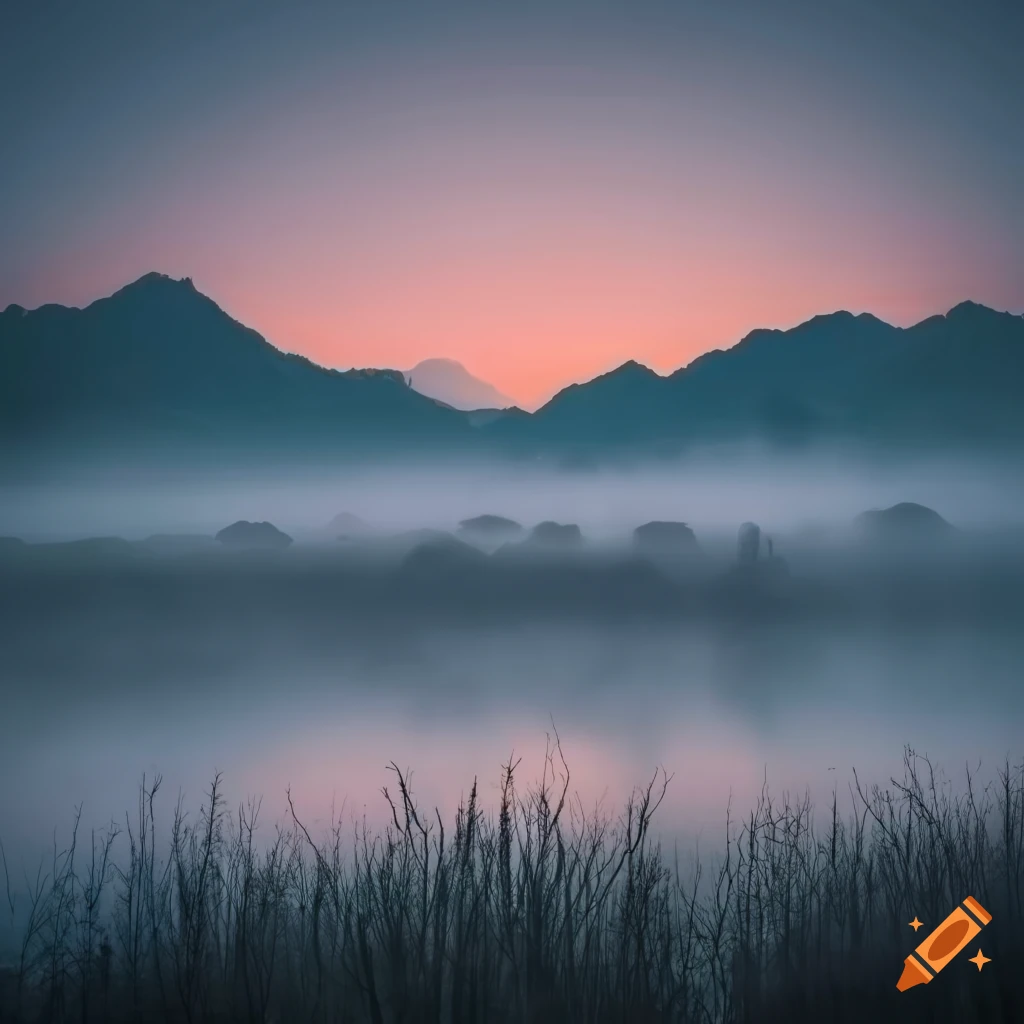 mysterious misty marshland with mountain range in the background