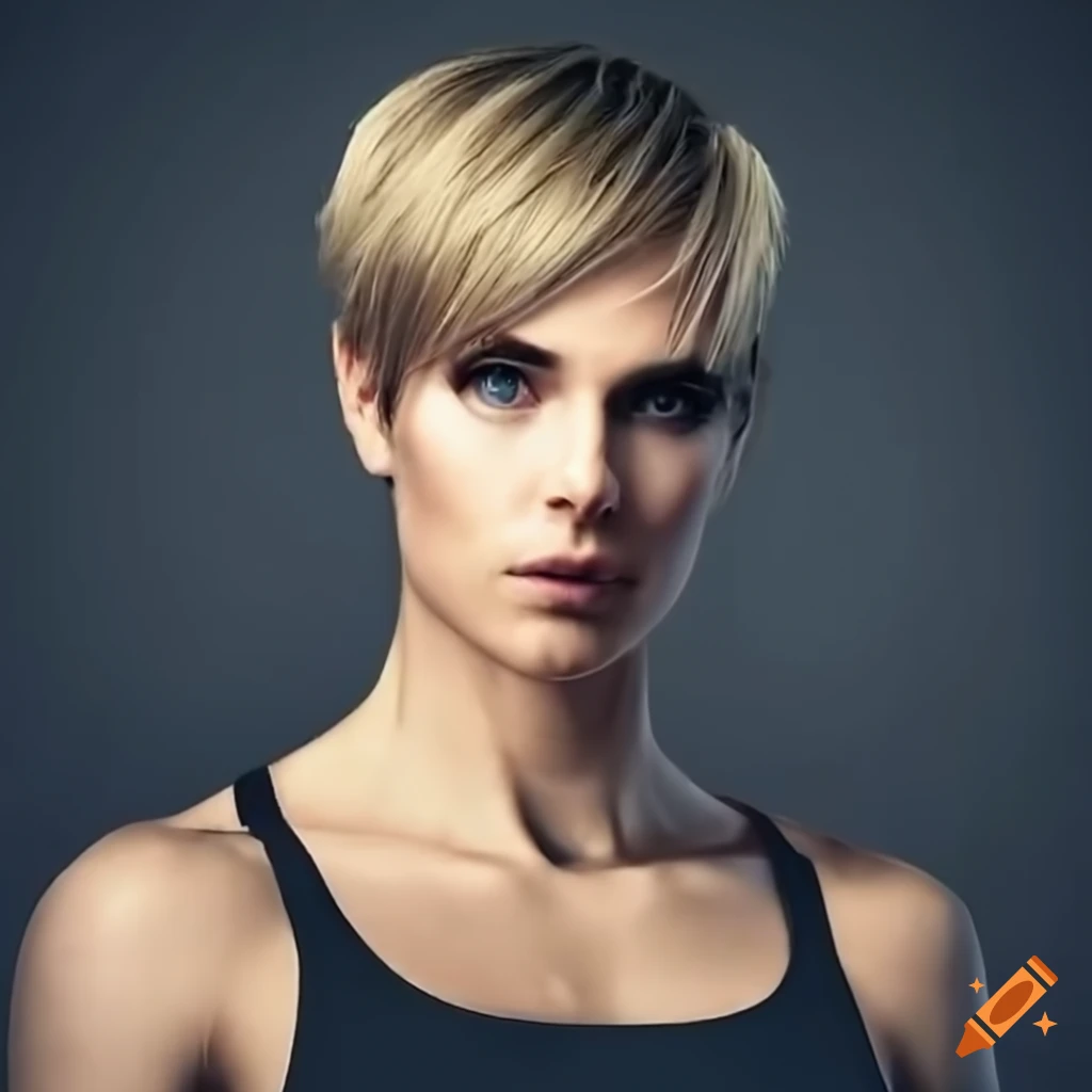 close-up portrait of a strong, athletic Caucasian woman with short blonde hair and green eyes